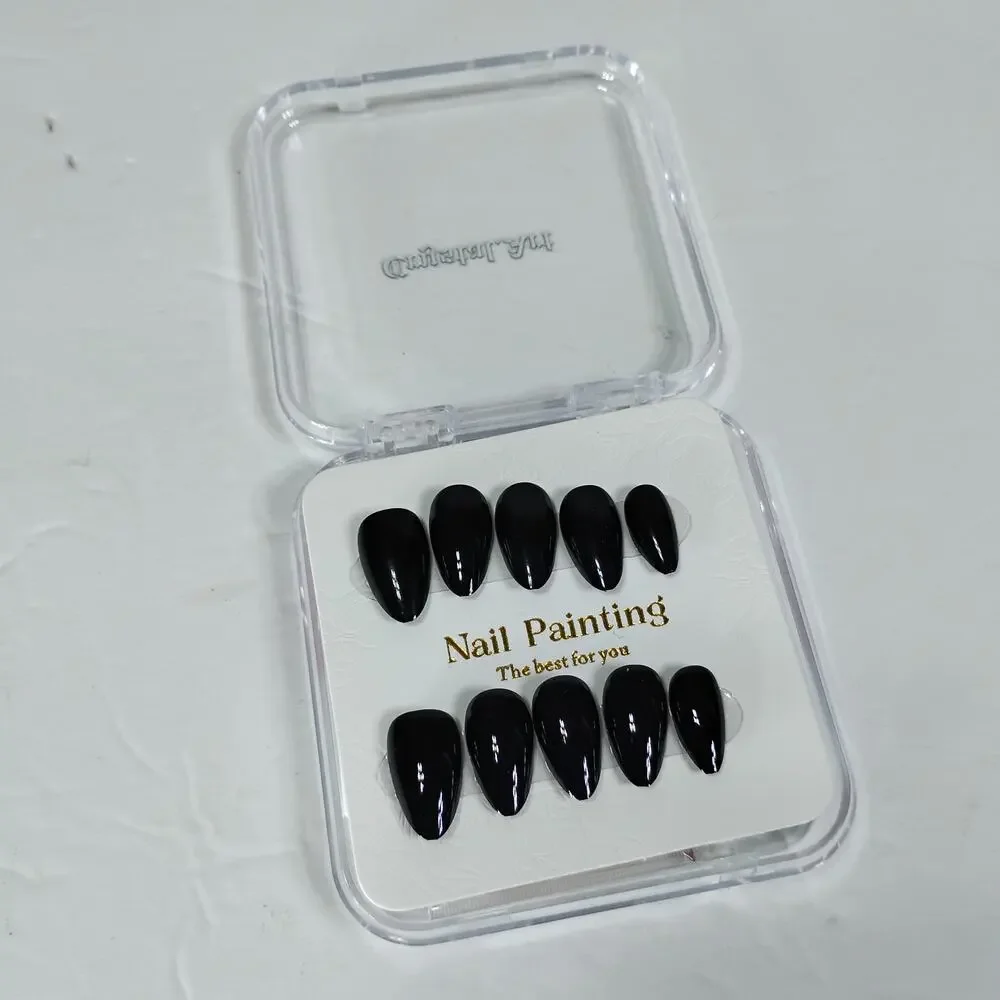 Press On Nails Last Long Onyx Black Short Almond Soft Gel and Super Hold Glue
